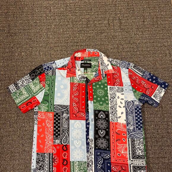 Stretch Drill Clothing Bandana Shirt Mens Sz S Multicolor Button Up Short Sleeve - Picture 2 of 11